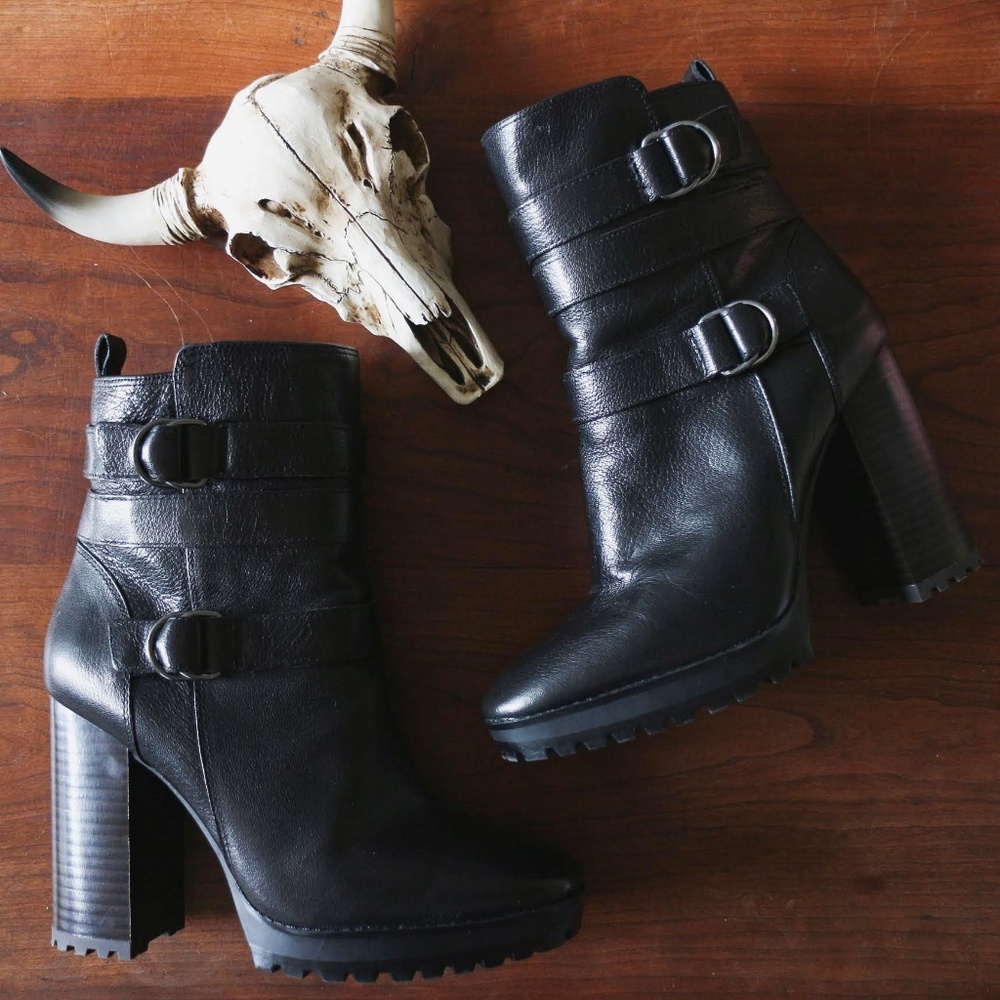 Nine West Black Leather Buckle Strap Ankle Booties